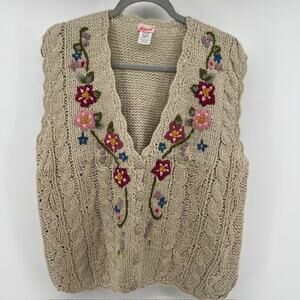 VTG Haband Cardigan Cable Knit Sweater Vest Womens M Floral Embroidered Cottage